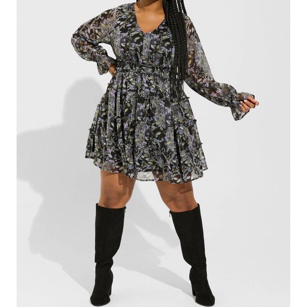 NWT Torrid Mini Lurex Chiffon Tiered Long Sleeve Mini Dress Black Size 2X 18/20